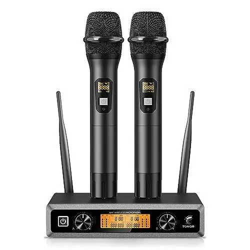 Produktbild: TONOR Wireless Funkmikrofon UHF Professionelles dynamisches drahtloses Dual Mikrofon, Handmikrofonsystem, Heim-KTV-Set für Karaoke, Party, DJ, Kirche, Hochzeit, 60 Meter, TW820, Schwarz