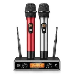 Produktbild: TONOR Wireless Funkmikrofon UHF Professionelles dynamisches drahtloses Dual Mikrofon, Handmikrofonsystem, Heim-KTV-Set für Karaoke, Party, DJ, Kirche, Hochzeit, Meeting, 60 Meter, TW820, Silber & Rot