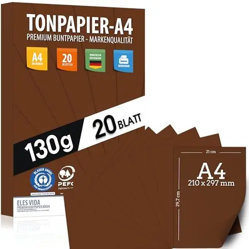 Produktbild: Tonpapier BRAUN - A4-130g/m² – Bastelpapier & Farbige Blätter, Kinder & DIY Bogen, Zubehör zum Basteln für Geschenke zum Kreativ sein Bedruckbar - BLAUER ENGEL & PEFC Zertifizierung - MADE IN GERMANY