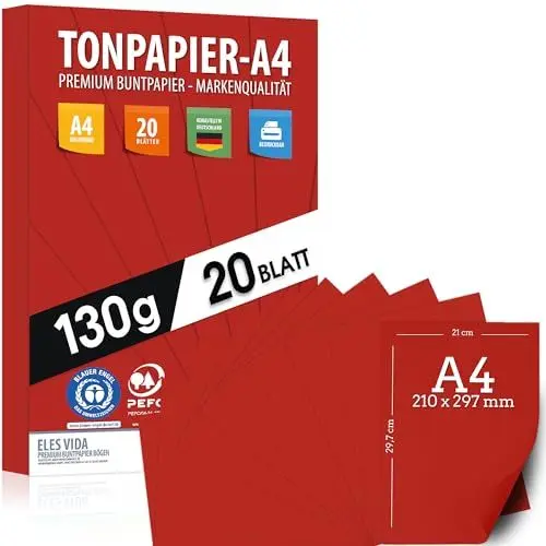 Produktbild: Tonpapier ROT - A4-130g/m² – Bastelpapier & Farbige Blätter, Kinder & DIY Bogen, Zubehör zum Basteln für Geschenke zum Kreativ sein Bedruckbar - BLAUER ENGEL & PEFC Zertifizierung - MADE IN GERMANY