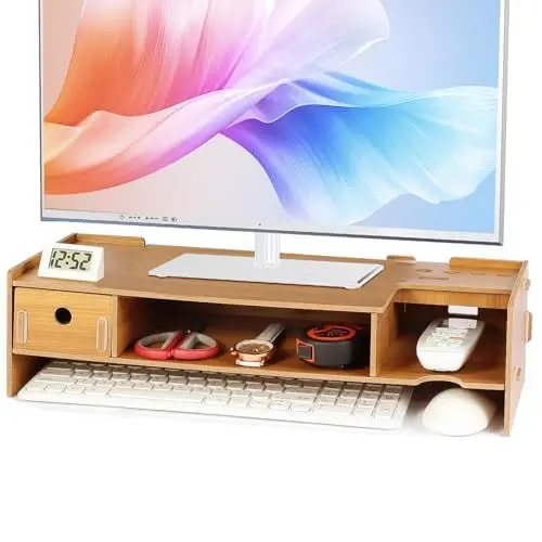 Produktbild: Tonsmile Monitorständer Holz, Unterbau Bildschirm, Multifunktionaler Bildschirmerhöhung, Büro Schreibtisch Organizer, Monitor Riser PC Bildschirm Erhöhung mit Schublade und Stifthalter