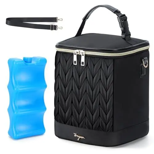 Produktbild: Tonyeee Muttermilch Kühltasche mit Eisbeutel, isolierte Babyflaschentasche für 6 Babyflaschen bis zu 9 Unzen, reißfeste Babyflaschen-Kühltasche mit Schultergurt für stillende Mütter, Schwarz