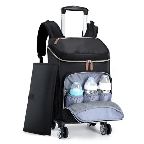 Produktbild: Tonyeee Wickelrucksack mit Rädern - Multifunktionale Baby-Wickeltasche für Jungen & Mädchen, Reise-Essentials mit Wickelunterlage, Kinderwagengurten, isolierten Taschen & Bonus-Rollsystem - Schwarz