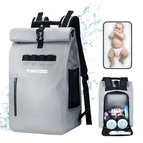 Produktbild: Tonyeee Wasserdicht Wickelrucksack, Lässige Wickeltasche, Rolltop Rucksack mit Flaschenwärmer, Wickelunterlage und Kinderwagenbefestigung - Grau