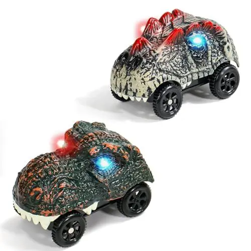 Produktbild: TONZE Dinosaurier Auto Spielzeug Autos Spiele Dino Cars Spielzeug ab 3 4 5 Jahre, Cars Auto Kompatibel mit Autorennbahn Rennbahn, Leuchtend Spielzeugauto Geschenk Junge Mädchen 3 4 5 Jahre(2 Pcs)