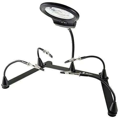 Produktbild: TOOLCRAFT AT-430 Dritte Hand mit Lupe | Lötkolbenzubehör | LED-Lupe | Schwanenhalsarm | Krokodilklemmen | flexible Lupe | plastikfrei | Modellbau & Elektronik