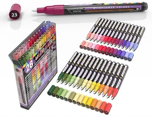 Produktbild: TOOLI-ART 28 Wildblumenfarben-Acrylfarbstift-Marker-Set, 0,7 mm extrafeine Spitze, Felsmalerei, Glas, Holz, Metall, Leinwand, Detaillierung. Ungiftig, auf Wasserbasis, schnell trocknend