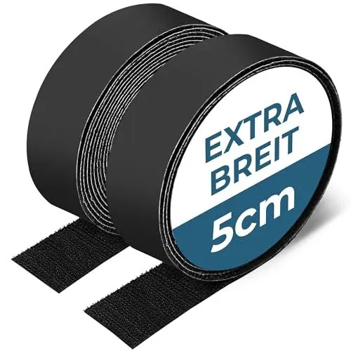 Produktbild: Toolico Klettband selbstklebend extra stark, 5M x 50mm, wetterbeständig, doppelseitig, schwarz, Haken- & Flauschband, Teppichbefestigung, Klettverschluss