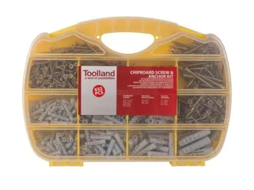 Produktbild: Toolland Schrauben und Dübel Set 632-teilig, Holzschrauben und Spreizdübel Sortimentskasten, Aufbewahrungsbox mit Fächern, Befestigungsset für Heimwerker, Möbelbau, Innenmontage