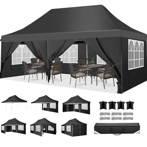 Produktbild: COBIZI Faltpavillon 3X6, Pavillon 3x6m Wasserdicht Stabil Winterfest, Faltbar Partyzelt mit 6 Seitenwänden & 4 Sandsack Pop up Gartenpavillon Anti-UV für Hochzeiten, Freien, Schwarz