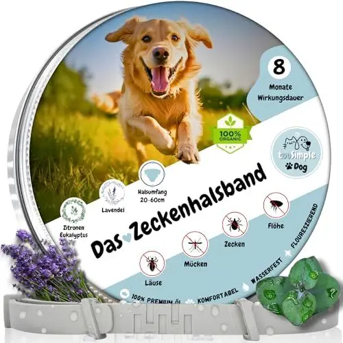 Produktbild: tooSimple Das Zeckenhalsband für Hunde 100% Pflanzliches Premium Öl Wirkungsvoller Schutz gegen Zecken Flöhe Mücken Läuse Ungeziefer - 8 Monate Wirkungsdauer