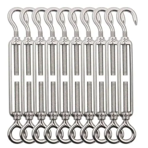 Produktbild: TooTaci 10 Stück M4 Spannschloss, 304 Edelstahl Seilspanner Drahtspanner, Edelstahl Haken und Öse Spannschloss für Hängenden Außenbeleuchtungen Lichter hängen,rankhilfe edelstahl seilsystem