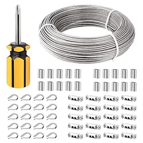 Produktbild: TooTaci 3mm Drahtseil-Set für den Innenbereich – 100M PVC-ummanteltes Edelstahlseil mit M3-Seilendhülsen & Seilklemmen aus Kohlenstoffstahl – Ideal zum Aufhängen, Vorhangdraht und Innenbeleuchtung