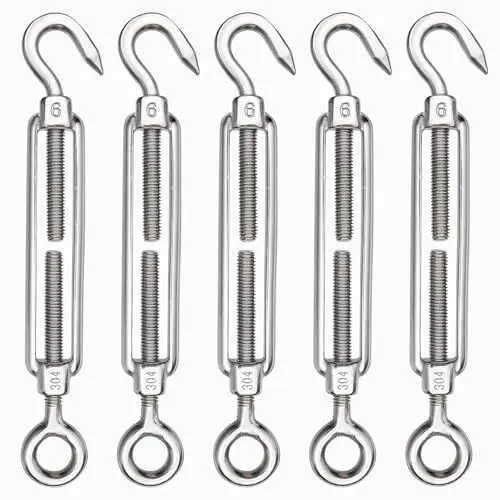 Produktbild: TooTaci 5 Stück M6 Spannschloss, Seilspanner Edelstahl 304, Verstellbare Spannschlösser mit Haken Und Öse Drahtspanner, Seilspanngarnitur für Gartendraht, Zaunspanner, Sonnensegel, Wäscheleinenspanner