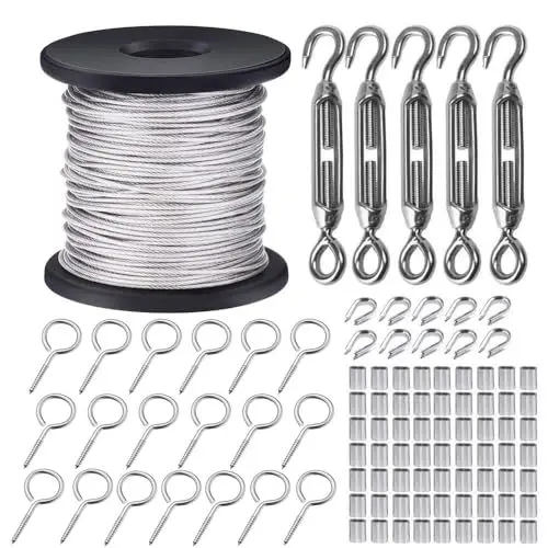 Produktbild: TooTaci Edelstahlseil 100M/ 1.5mm Drahtseil Spanndraht, Stahlseil mit Ösen, 304 Edelstahl seil 7×7, M4 Seilspanner Seilspanngarnitur Edelstahl für Lichterkette Hängen,Gardinen, Kletterpflanzen,