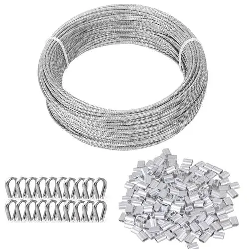 Produktbild: TooTaci 3mm Edelstahlseil 30M Stahlseil mit ösen, 3mm Drahtseil Edelstahl Spanndraht aus PVC-ummantelt, 50 Stück M3 Crimphülsen, 20 Stück Kauschen, für Zaun, Hängen, Gardinen