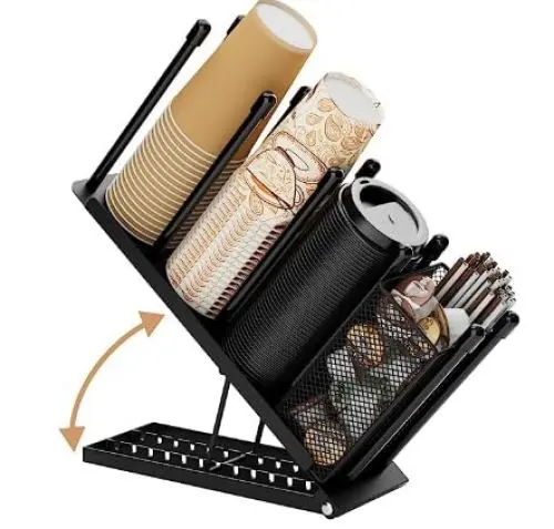 Produktbild: Toothbace Becher- und Deckelhalter, Einweg-Kaffeetassen-Organizer, 4 Fächer, Einwegbecher-Spender für Kaffeestation, Bar, Arbeitsplatte, Pausenraum, Metall, schwarz (Schwarz)