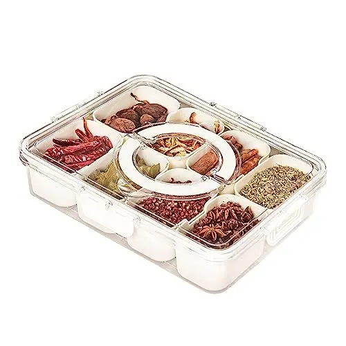 Produktbild: Snackbox mit FäChern Snackteller mit Deckel Snackbox Kinder, Snackschale Servierplatte, Snackteller mit 8 Fächern, Plastik Snackteller Obstteller, Snacks Aufbewahrungsbox für Nüsse, Desserts