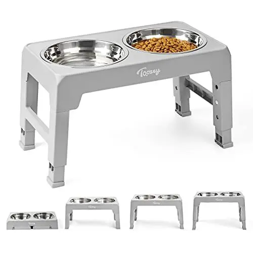 Produktbild: Toozey Hundenapf, Futterstation mit 2X 1200ml Edelstahlnäpfen, Hundenapf Erhöht für Klein, Mittlere & Große Hunde, 4 Höhenverstellbar Futternapf, Grau