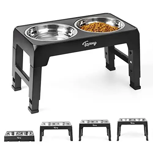 Produktbild: Toozey Hundenapf, Futternapf für Hunde, Höhenverstellbar, mit 2 Edelstahl-Schüsseln von 1200 ml, Hundenapf Erhöht für Mittelgroße und Große Hunde, 4 Höhenverstellbare Fütterung, Schwarz