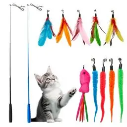 Produktbild: Toozey Katzenspielzeug 12 Stück, Katzenangel mit 2 STK Versenkbare, 10 Katzen Spielzeug Ersatzfedern, Katzenspielzeug Selbstbeschäftigung mit Feder/Bug/Fisch Glocke, Interaktives Katzenspielzeug Set