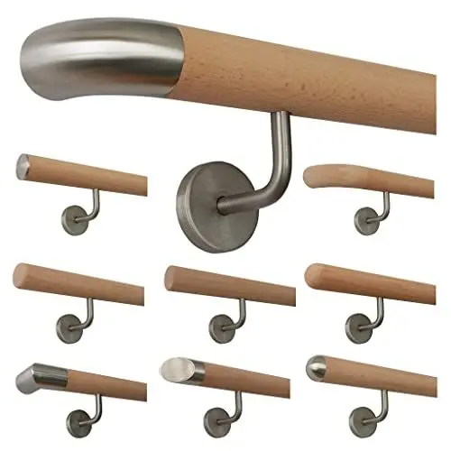 Produktbild: TIBU Holz Handlauf Buche unbehandelt Geländer Wandhandlauf Wand Treppe 30-500cm, Länge 450 mit 6 Halter Edelstahlbogen