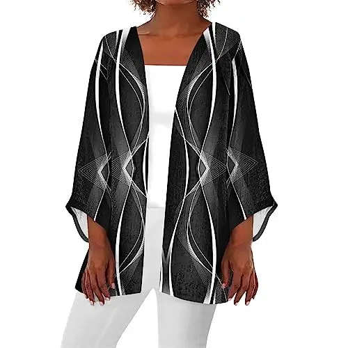 Produktbild: Top Damen Schöne Cover Up Abend Herbste 3/4 Ärmel Reverskrage Cover Up Women Tüll Kurze Bedrucken Leichte Weites Schwarz XL