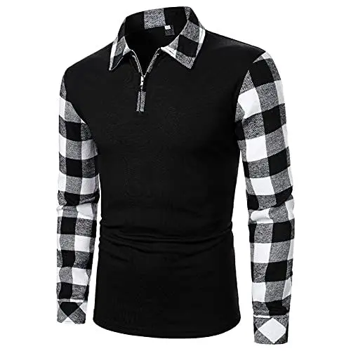 Produktbild: Top Herren Farbabstimmung Plaid Casual Fashion Design Reißverschluss Revers Langarm (S,3schwarz)