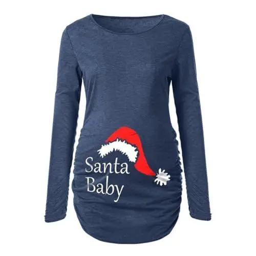 Produktbild: -Top für Damen, Umstandsshirts, weiches, Doppellagiges, kurzärmliges Schwangerschafts-Oberteil mit Buchstaben-Aufdruck, Weihnachts-Oberteil Damen Shirt 46 (Blue, L)