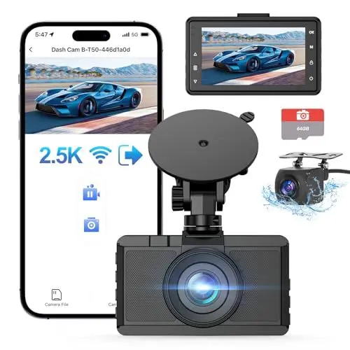 Produktbild: Topabol Dashcam Auto Vorne Hinten 2.5K+1080P, WiFi Dash cam Free 64GB SD, 170°Wide Angle, Dash cam pkw G-Sensor, Car Camera APP Control, WDR Night Vision, Dasch-cam Auto kabellos, Support 256GB Max