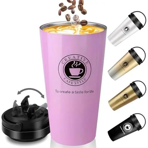 Produktbild: TOPAHGOD Thermobecher, Edelstahl Kaffeebecher to go mit Deckel und Griff, Doppelwandig Isoliert Vakuum Travel Mug, Thermosflasche 500ml BPA-Frei Geeignet für Eiswasser, Kaffee, Getränke (17oz, Rosa)