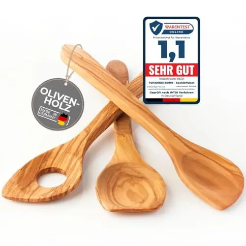 Produktbild: Topanbieter999 3-tlg. Oliven Kochlöffelset Holz, gefertigt in Deutschland, mit Kochlöffel,Servierlöffel und Spitzlöffel 30 cm aus Olivenholz hochwertig nachhaltig Holzlöffel Olive antibakteriell