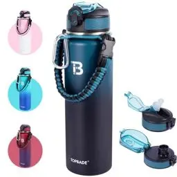 Produktbild: TOPBADE Edelstahl Trinkflasche 1000ml (+2 Deckel), Isolierte Wasserflasche mit Strohhalm, Auslaufsichere Isolierflasche doppelwandig mit Chug Deckel für Schule, Fitness, Outdoor(Blau Schwarz)