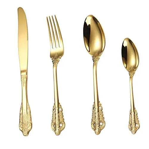 Produktbild: TOPBATHY 3 Sets Western Geschirrset Campingbesteck Campinggeschirr Utensilien Essgeschirr Servierbesteck Eiskübel Mit Deckel Partylöffel Wiederverwendbar Goldener Edelstahl