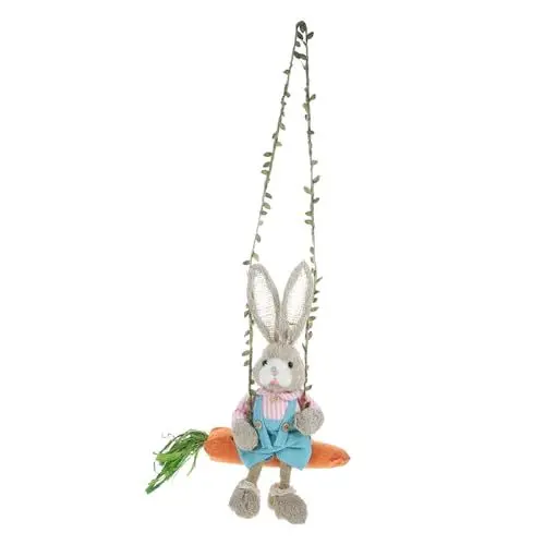 Produktbild: TOPBATHY Tier Osterdekoration Strohkaninchen mit Karotte Schaukelkaninchen Tischdekoration für Frühlingspartys Gartenschaukel Kaninchen Streifen schmücken die Schaukel Hase Statue Tuch