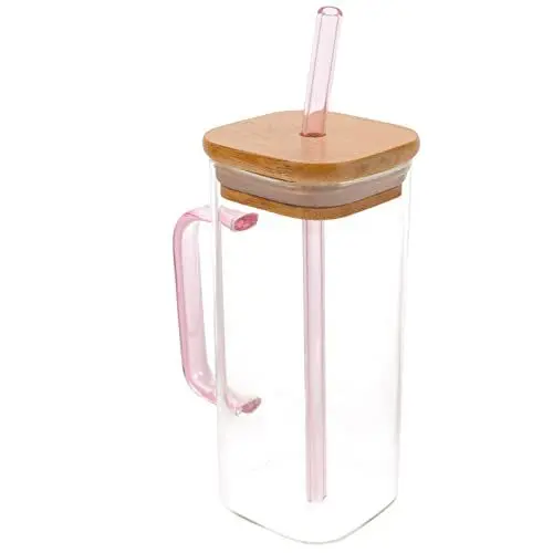 Produktbild: TOPBATHY Trinkbecher Glas tragbare Espressotassen Wasserflasche Reisekaffeetasse wiederverwendbarer Strohbecher Outdoor-Versorgung Quadrat Weinglas Eiskaffeebecher Bierkrug reisen Rosa