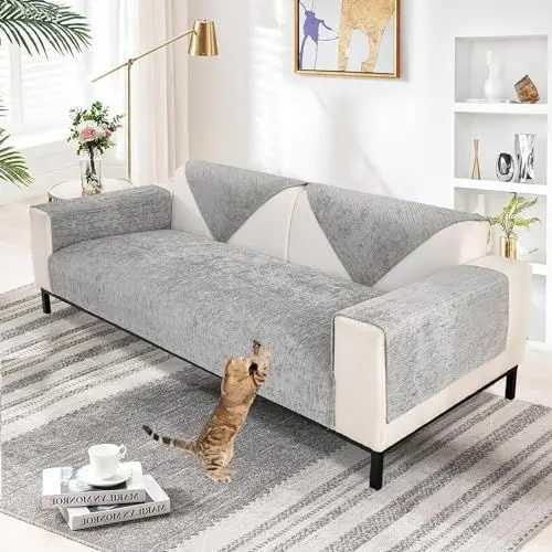 Produktbild: TOPCHANCES Sofa Überzug,Chenille Sofabezug 1/2/3/4 Sitzer Universelle rutschfeste Couch Überzug L Form Eckcouch Waschbar Sofabezug Hund Katze Kratzschut(Grau,90×120cm 1pcs)