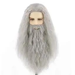 Produktbild: Topcosplay Perücke und Bart Set Herren Zauberer Magier Perücke Grau/Weiß Halloween Fasching Karneval Perücke (Grau)