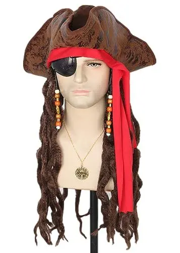 Produktbild: Topcosplay Piratenhut mit Augenklappe Halsketten Ohrringe Piraten Mütze für das perfekte Piratenkostüm zum Fasching und Karneval (Braun)