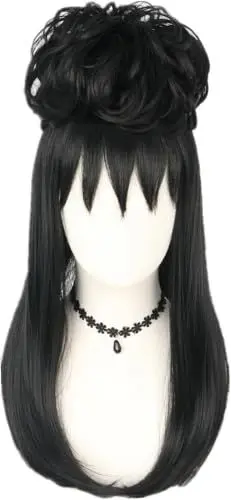 Produktbild: Topcosplay Retro Bouffant Perücke Lang Schwarze Perücke mit Halsketten Updo Perücke 50er 80er Jahre Halloween Kostüm (Schwarze)