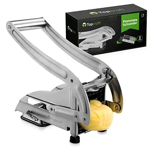 Produktbild: Topcroft ® Pommesschneider Edelstahl I 2 Schneidegrößen für individuelle Pommesdicke I Rutschfester Vakuumfuß I Gemüseschneider für einfachen & gesunden Pommesgenuss I Pommespresse I Frittenschneider