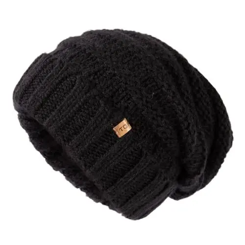 Produktbild: TOP-EX M/L/XL 100% Wolle Slouch Beanie Damen Warm Wintermütze Strickmuetze mit Fleecefutter Schwarz