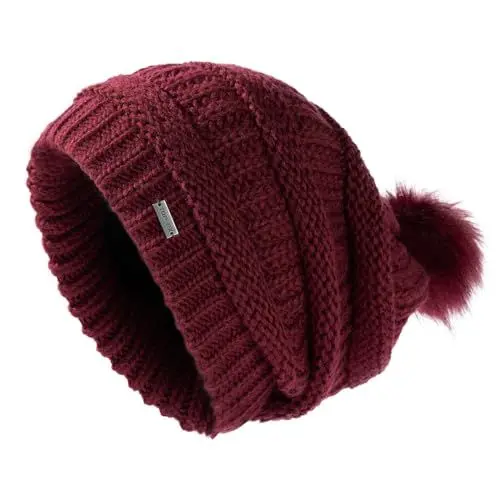 Produktbild: TOP-EX Warme Wolle Winter Beanie Damen mit Fellbommel - Satinfutter, Winddicht und ideal für Outdoor-Aktivitäten - Weinrot
