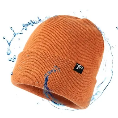 Produktbild: TOP-EX Warme wasserdichte Wintermütze Herren & Damen, Fleece-gefütterte Strickmütze Beanie, Atmungsaktive Outdoor Lauf- & Skimütze, Winddichter Regenschutz, Herrenmütze Orange S/M