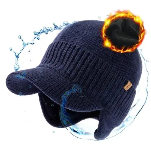 Produktbild: TOP-EX Winter Herren und Damen Merino Strickmütze mit Visier, Ohrenschutz und Fleecefutter, wasserdicht und warm, ideal für Wandern und Skifahren, Navy M/L