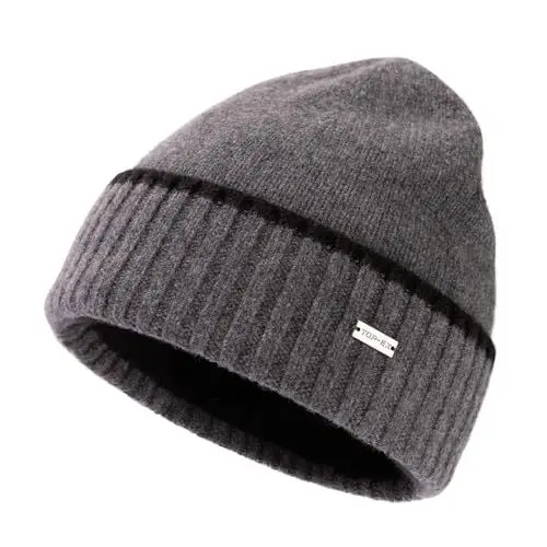 Produktbild: TOP-EX XL/XXL 100% Merinowolle Winter Beanie Herren Warme Wintermuetze für Damen Fleece Futter Wollmuetze Strickmuetze Grau XL/XXL