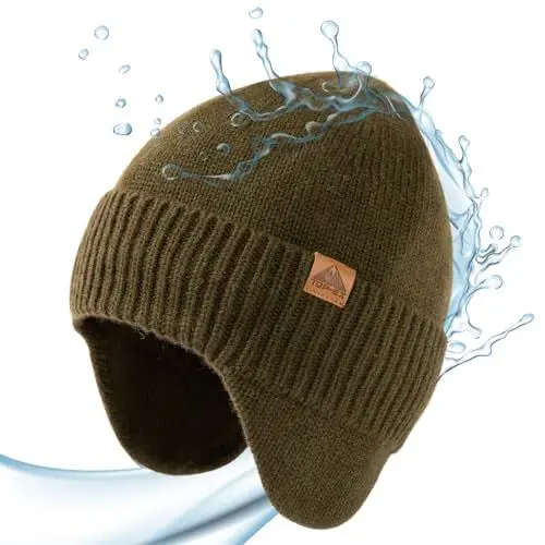 Produktbild: TOP-EX XL/XXL 80% Merinowolle Beanie Herren Damen mit Ohrenschutz Warm Wintermütze wasserdichte Strickmuetze mit Fleecefutter Outdoor Ski Extra Großer Kopf Mütze Grün