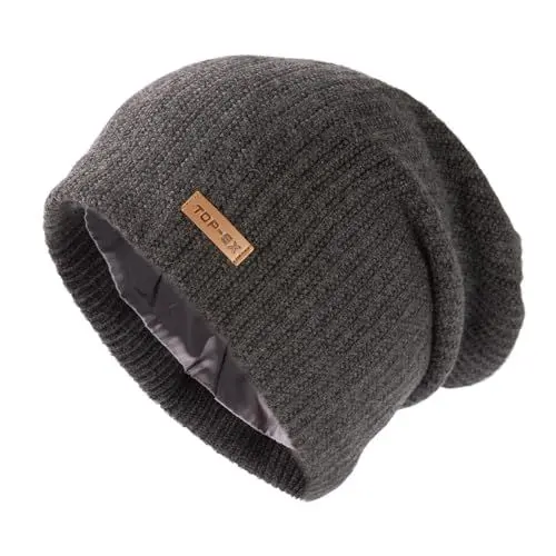 Produktbild: TOP-EX XL/XXL Merinowolle Slouch Beanie Herren Mütze Damen Winter Warm Strickmuetze mit Satinfutter Grau XL/XXL