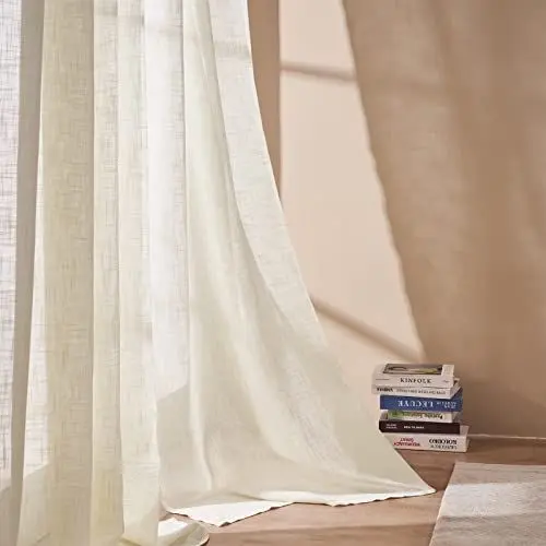 Produktbild: Topfinel Gardinen Kurz Fenster Boho Gardinen mit Ösen 140x145 cm (B x H) Vorhang Kurz Leinenoptik Halbtransparent Ösenschal 2er Set Gardinen Wohnzimmer Luftig Dekoschal für Schlafzimmer Hellbeige