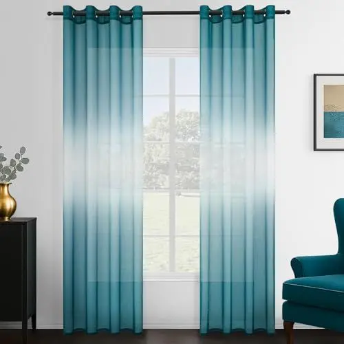 Produktbild: Topfinel Gardinen Kurz für Kinderzimmer Junge Mädchen Vorhänge mit Ösen Türkis und Weiße Farbverlauf Sheer Voile Transparent Durchsichtig für Küche Wohnzimmer Schlafzimmer 140x160 cm (B x H) 2er Set